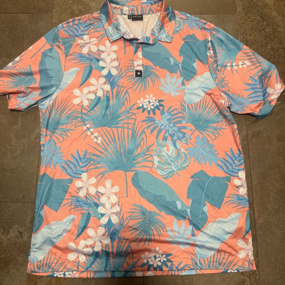 Bad Birdie XXL Tropical Floral Golf Polo Peach Blue Performance Stretch